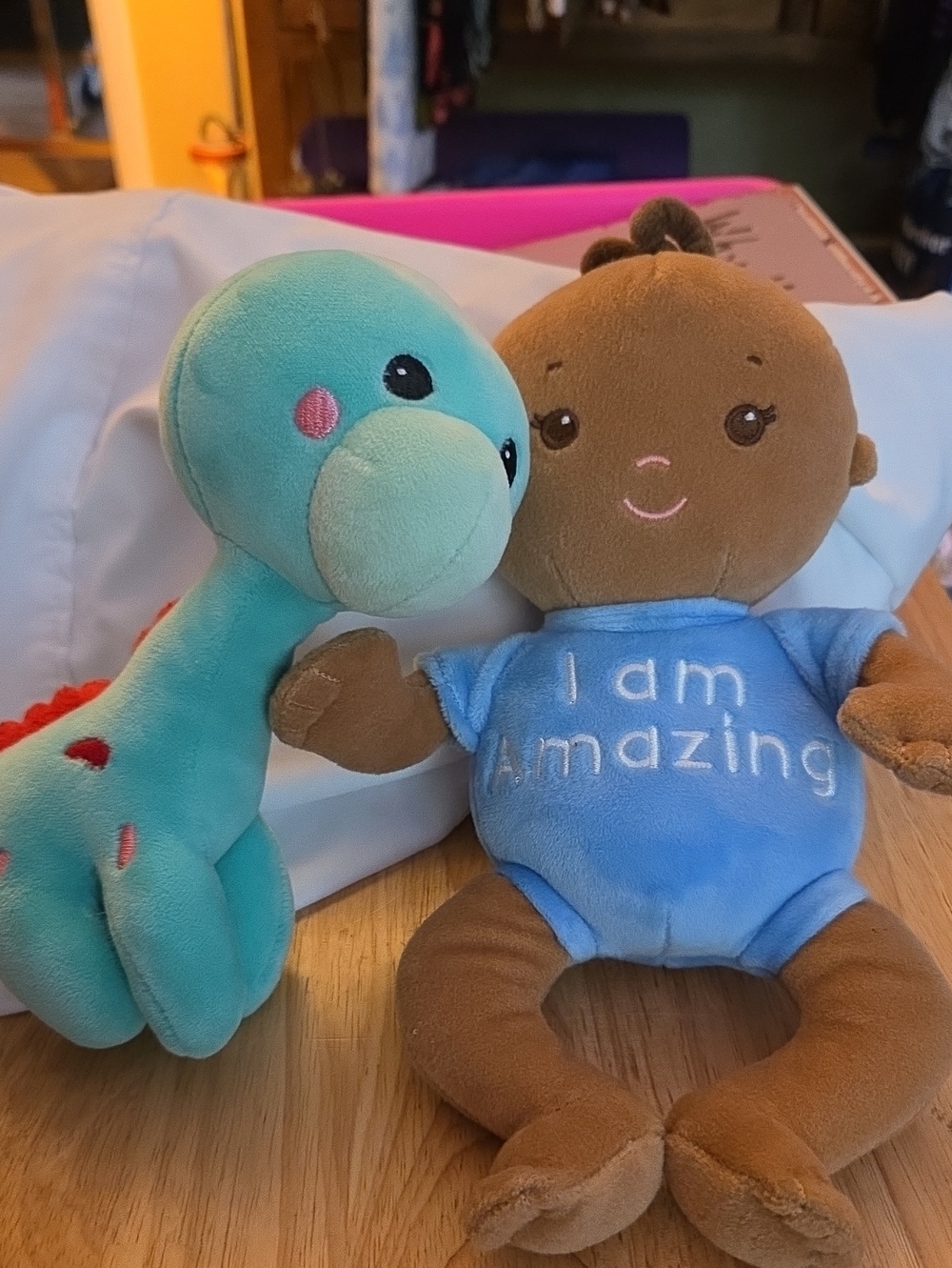 Plush Baby Doll with Blue Outfit and Teal Dinosaur - I Am Amazing